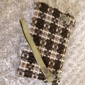 COPY - Green tan and brown plaid fabric clutch.